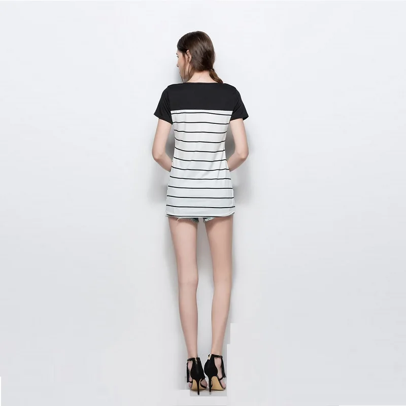 Новая Летняя Мозаика Кружева карман в полоску Футболки Свободные и тонкий