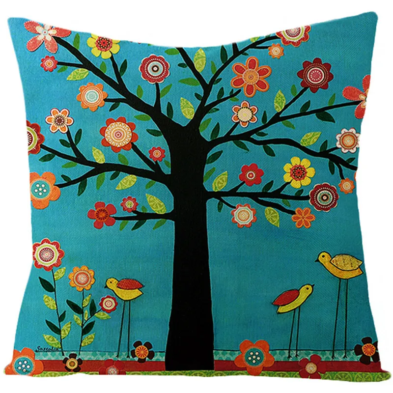 Fuwatacchi Linen Floral Plant Cushion Cover Colorful Flowers and Tall Trees Throw Pillow Square 45X45 Pillowcase | Дом и сад