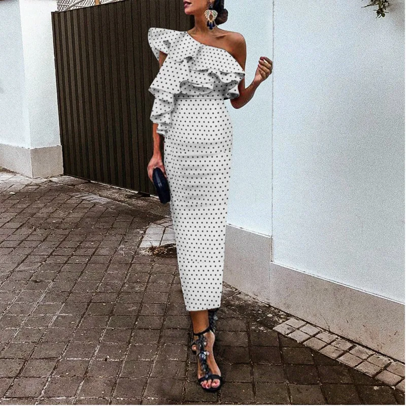 Длинное винтажное платье для женщин плюс размер с оборками на одно плечо