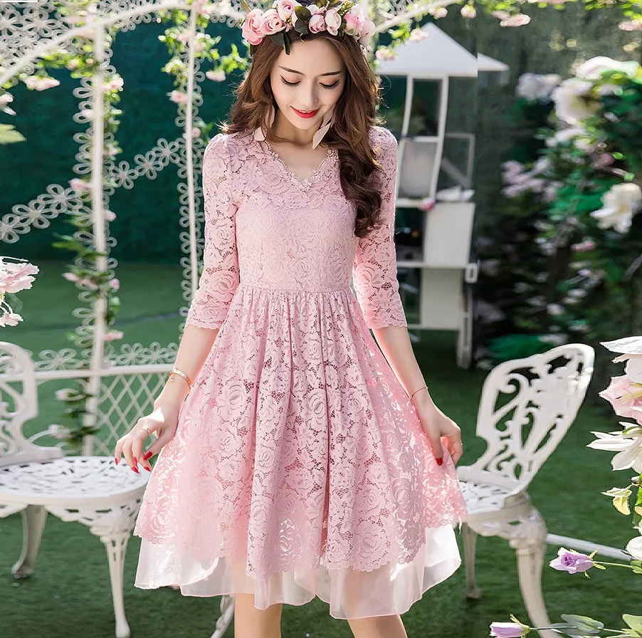 Женское элегантное кружевное платье из органзы с рукавом 3/4 и V-образным вырезом |