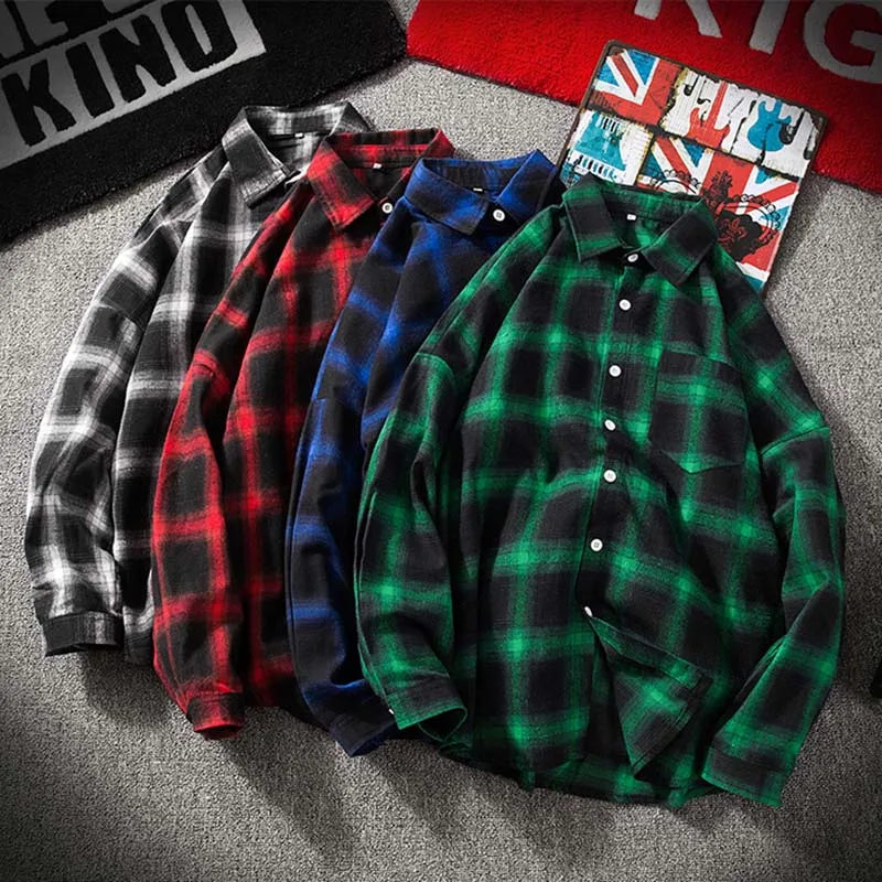 Men's Retro Tartan Shirts Harajuku Long Sleeve Plaid Shirt Red/black/green/blue Men Women Hip Hop Lattice Clothing M-5XL