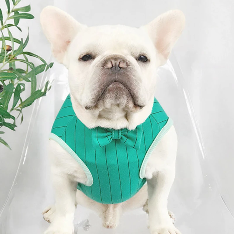 New Bow Tie Cotton French Bulldog Summer Cool Striped Vest Pet Dog Clothes for Small Dogs Pets Clothing Pug Breathable Costume | Дом и сад