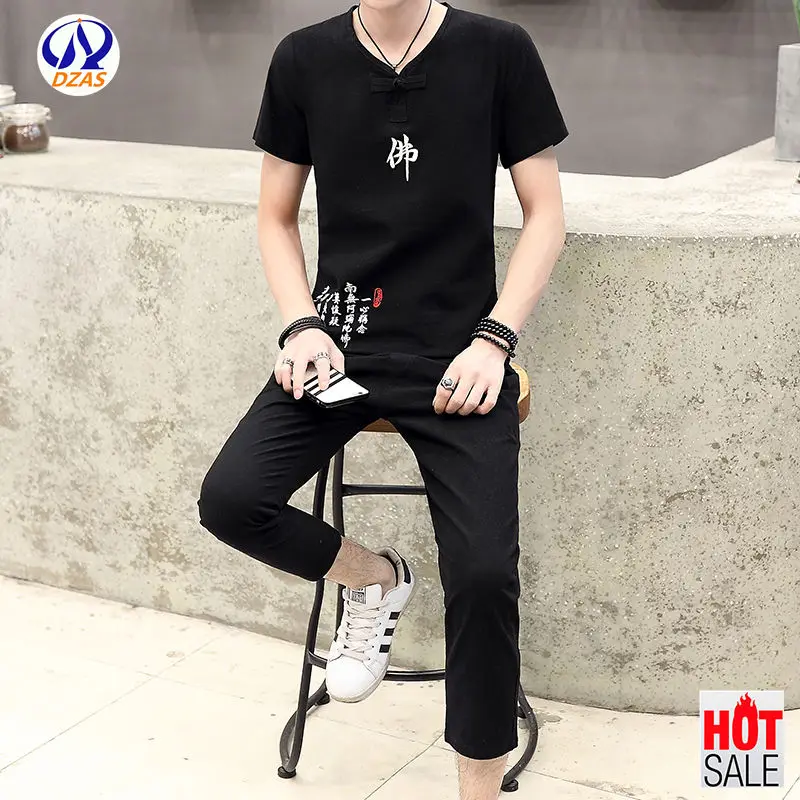 

Male linen Short Sleeve T-shirt trend Chinese wind 2019 m06 blue Summer Dress
