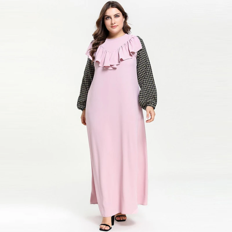 Женское мусульманское платье с оборками розовое Черное длинное макси в клетку
