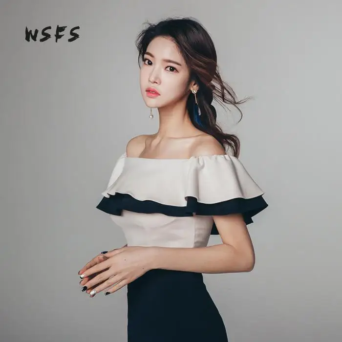 Летние платья с вырезом лодочкой открытыми плечами оборками женское платье 2018