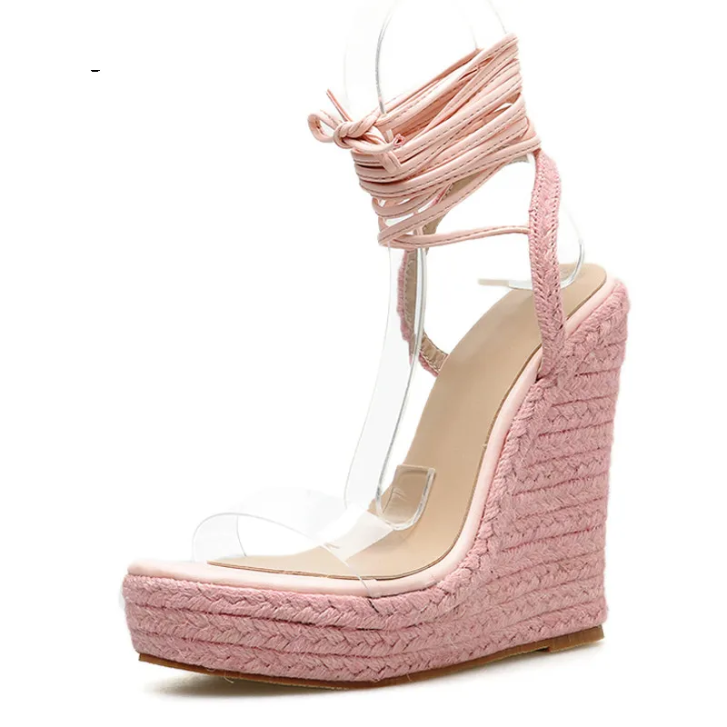 Pink Г. модные сандалии из ПВХ для отдыха женские прозрачные сандалии на шнуровке, на высокой танкетке, с тонким ремешком, однотонный оранжевый, розовый цвет, Прямая поставка - Цвет: Pink