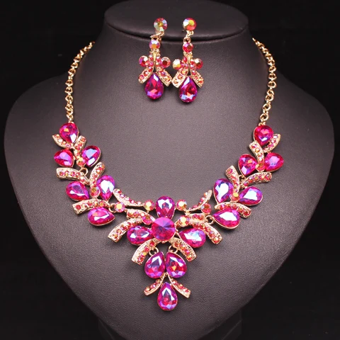 red ab in gold Модные блестящие AB Кристалл индийские Свадебные украшения наборы Свадебная вечеринка позолоченные серьги и ожерелье набор подарки для женщин - Окраска металла: red ab in gold