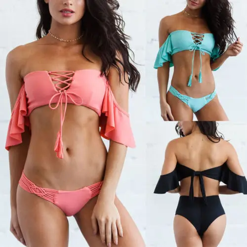 Хит Женский комплект бикини с рюшами пляжная одежда открытыми плечами мягкий