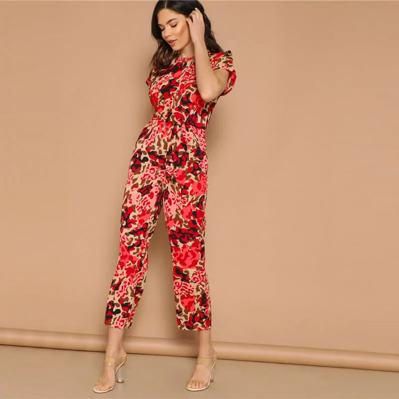 SHEIN Lady Highstreet комбинезон с закатанным рукавом и узлом спереди с леопардовым принтом женский летний повседневный комбинезон с высокой талией