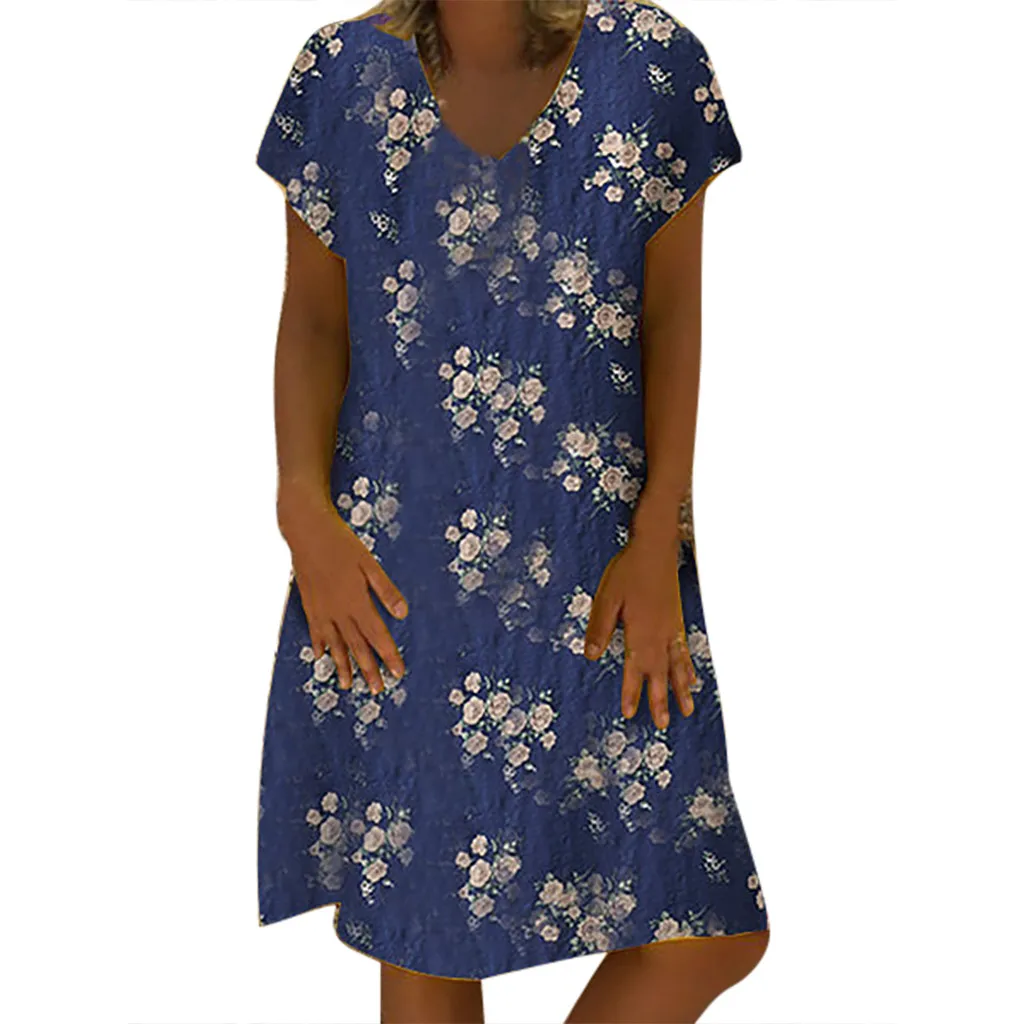 Женское платье до колена с v образным вырезом и коротким рукавом 3 вида цветов