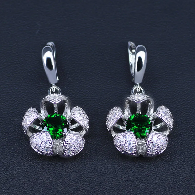 Fabulous 4PCS Jewelry Sets 925 Logo Silver Color Green Zircon Earrings Rings Necklace Pendant Bracelets Best Present For Women | Украшения