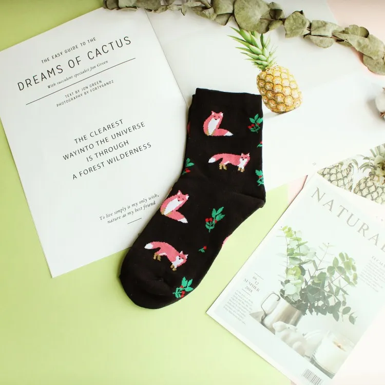 Fox Happy Fruit носки для женщин из чёсаного хлопка высокого качества Socken Новое поступление милые носки с изображением фламинго лисы и животных - Цвет: Fox