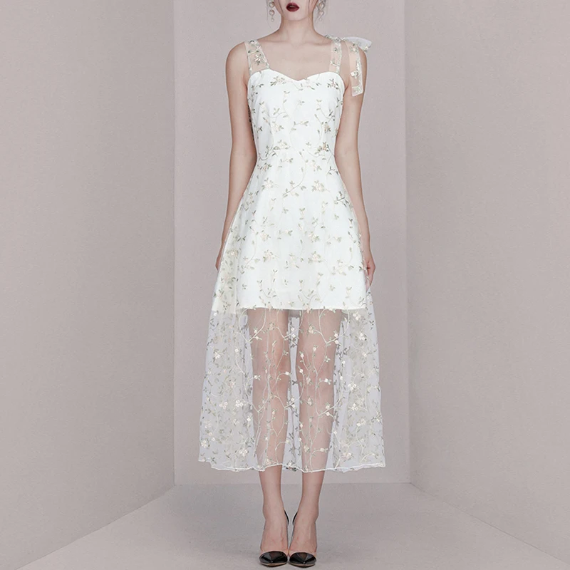Max Spri 2019 New Style Women Dress V Neck Floral Spaghetti Strap Sleeveless Lace Up A-line Summer White Office Lady | Женская одежда