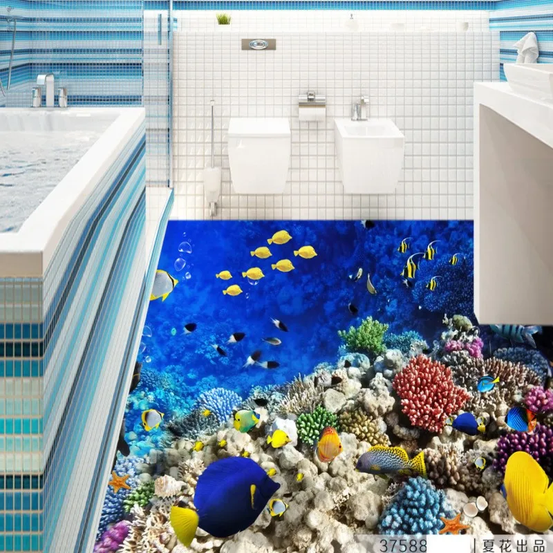 

Free Shipping Aquarium Tropical Fish 3D Floor wear non-slip waterproof bathroom living room kitchen study flooring mural
