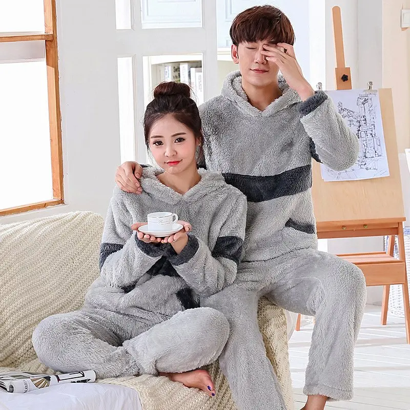 JINUO New Arrival 4 Styles Winter Young Couples Coral Fleece Thicken Pajama Sets Lovers Cartoon Warm Soft Home Wear Sleepwear | Мать и