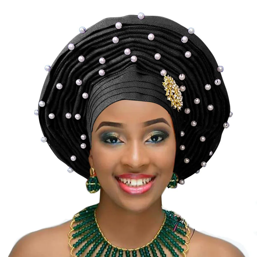 black Aso oke головной убор с бисером aso oke нигерийский головной убор aso ebi африканский геле Авто геле Африканский головной убор - Цвет: black