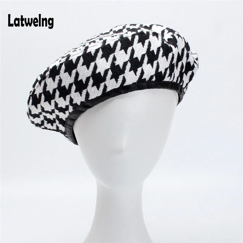 

Autumn Winter Plaid Women Berets, Fashion Black Beret Knit Femal Flat Caps,France Hats,Ladies Artist Cap,Thanksgiving Gifts