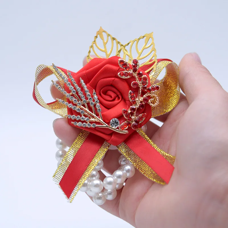 JaneVini Chinese Red Grooms Corsage Wedding Gold Leaf Beaded Boutonniere Brooch Boutonnieres Men's Suit Pin 2019 |