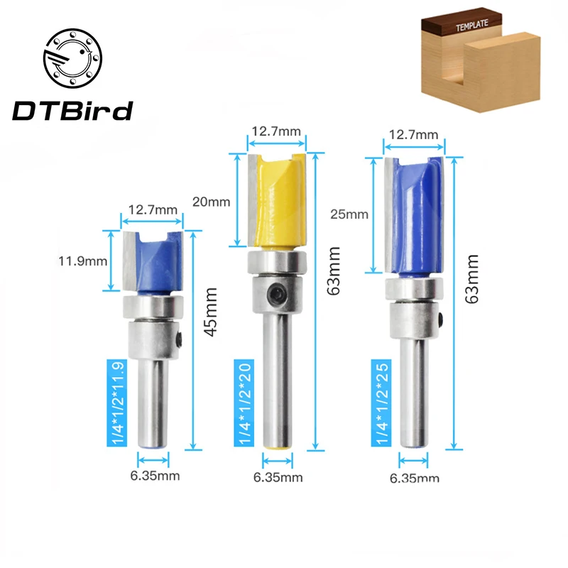 1/3pc 1/4" 1/4 Inch Shank Flush Trim Pattern Router Bit Top Bottom Bearing Trimming Woodworking Milling Cutter Alloy Blade |