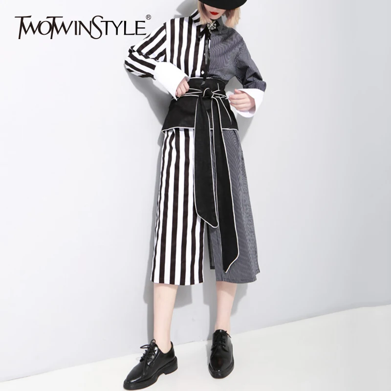TWOTWINSTYLE Полосатый Лоскутная рубашка для женщин воротник с лацканами однобортный X
