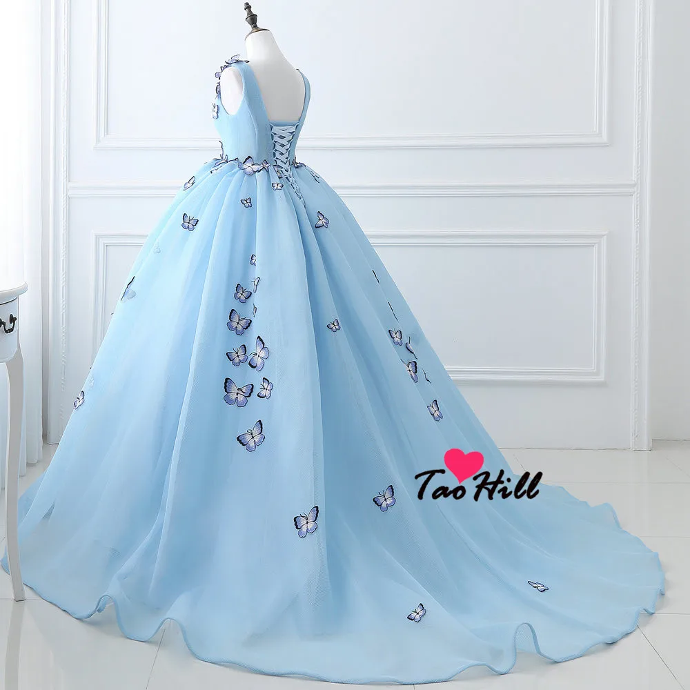 TaoHill Free Shipping Ball Gown Deep V-neck Sky Blue Evening Dress Straps With Butterfly Flowers Princess Party Dresses | Свадьбы и