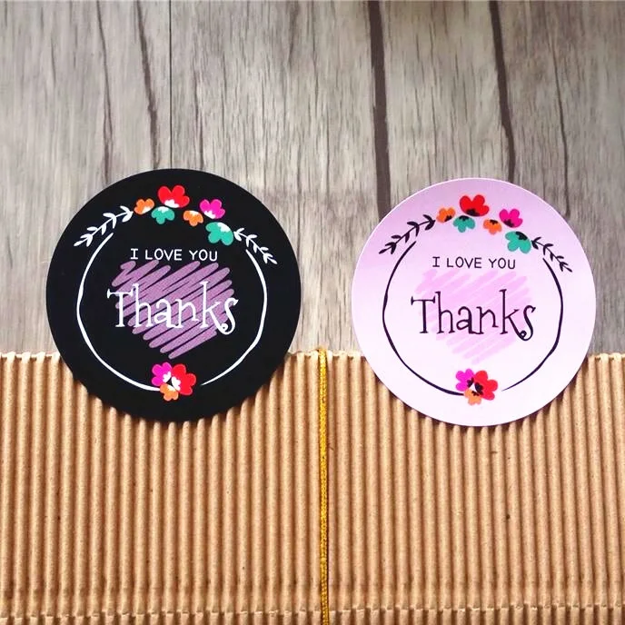 

80pcs Black Pink Flower Thanks I LOVE YOU sealing label Adhesive Kraft Sticker for Baking Round Gift Stickers Funny DIY Work
