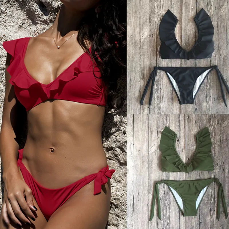 Соблазнительное бикини с пуш ап 2019 однотонные комплекты бюстгальтером рюшами
