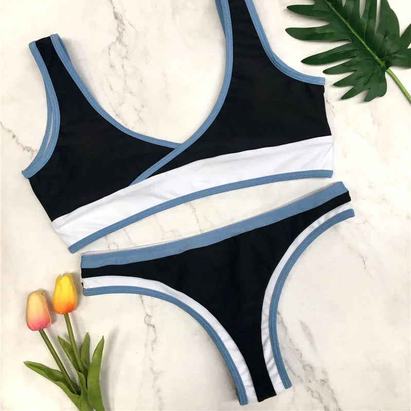Sport Bikini Brazilian Two Pieces Striped Swimsuit 2018 Thong Biquine Set Tank Crop Top Bathing Suit Bandeau Biquini |