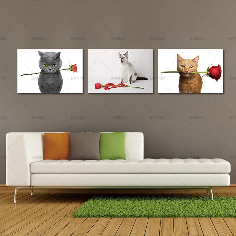 Картина на холсте животное модульная фотография домашний декор кот роза цветок