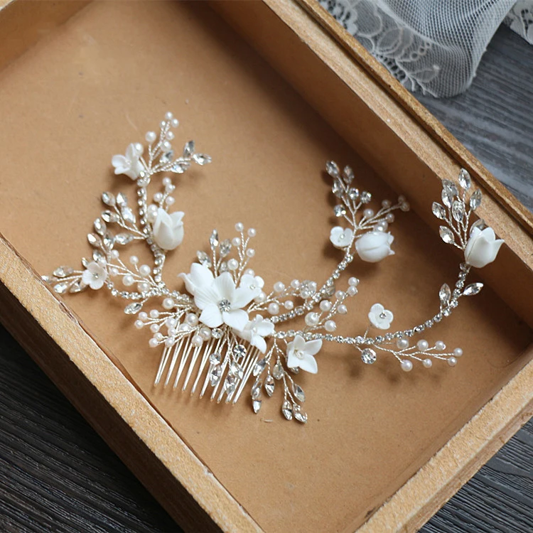 

Delicate Wedding Hair Comb Accessories White Flower Bridal Headpiece Jewelry Pearls Women Hair Oranement