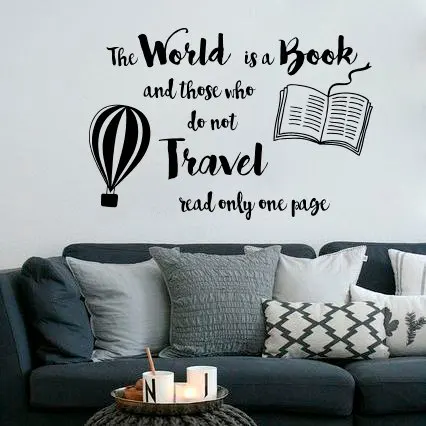 

World is Book Quote Wall Sticker Travel Design Wall Art Decal Children's Room Decoration Hot Air Balloon Wall Posters AY1680