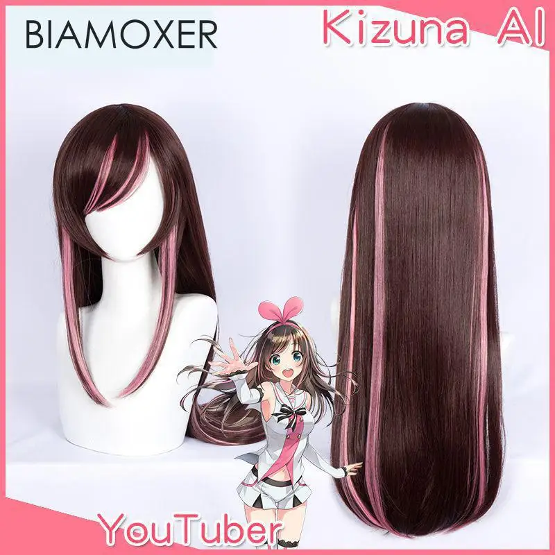 Biamoxer Ютубер Kizuna AI Косплэй костюм парик Для женщин длинные коричневые и розовые