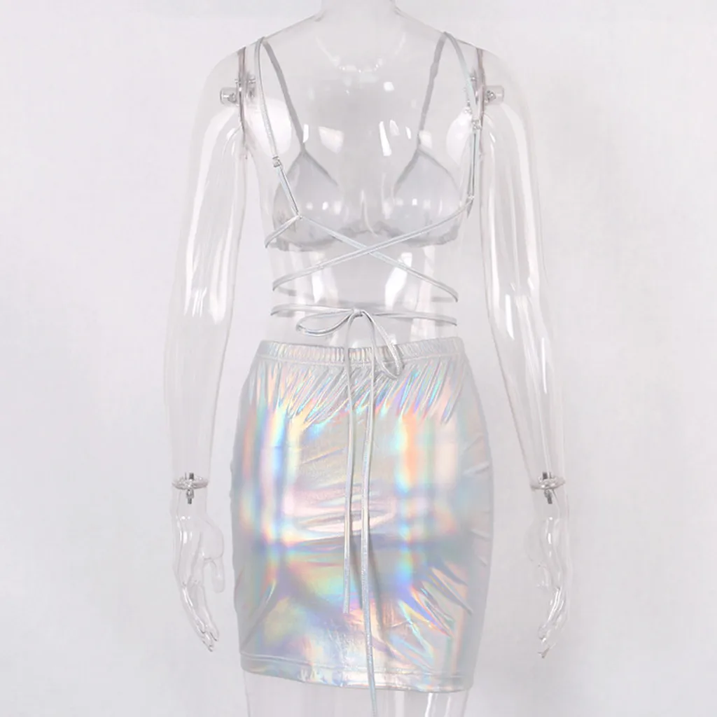 

Silver 2 Piece Set Women Summer Skirt Suits Sexy Criss-cross Backless Camisole Vest Bra Crop Top And Elastic Waist Skirt Sets