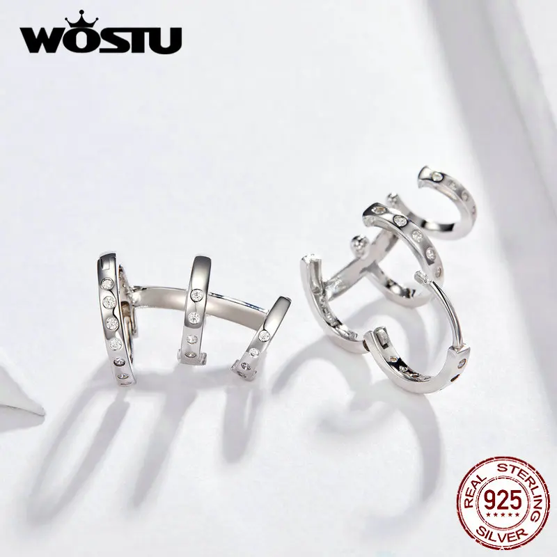 WOSTU, Двойные серьги-манжеты с отверстиями, 925 пробы, серебряные, круглые серьги-гвоздики для женщин, девушек, вечерние ювелирные изделия FNE085