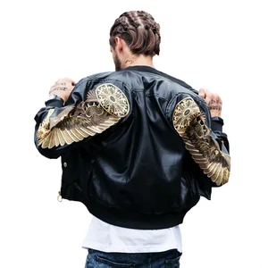 Осенне-зимняя Классическая брендовая мужская кожаная куртка-бомбер, красная, черная верхняя одежда из искусственной кожи с золотыми крыльями и вышивкой в стиле панк, мотоциклетное приталенное пальто