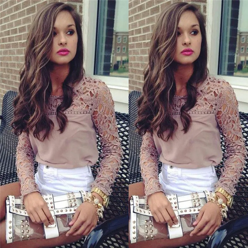 

Womens Tops And Blouses Fashion Long Sleeve Hollow Out Lace Tops Vintage Ladies Tops Korean Blouse Shirt Casual Clothes Pink