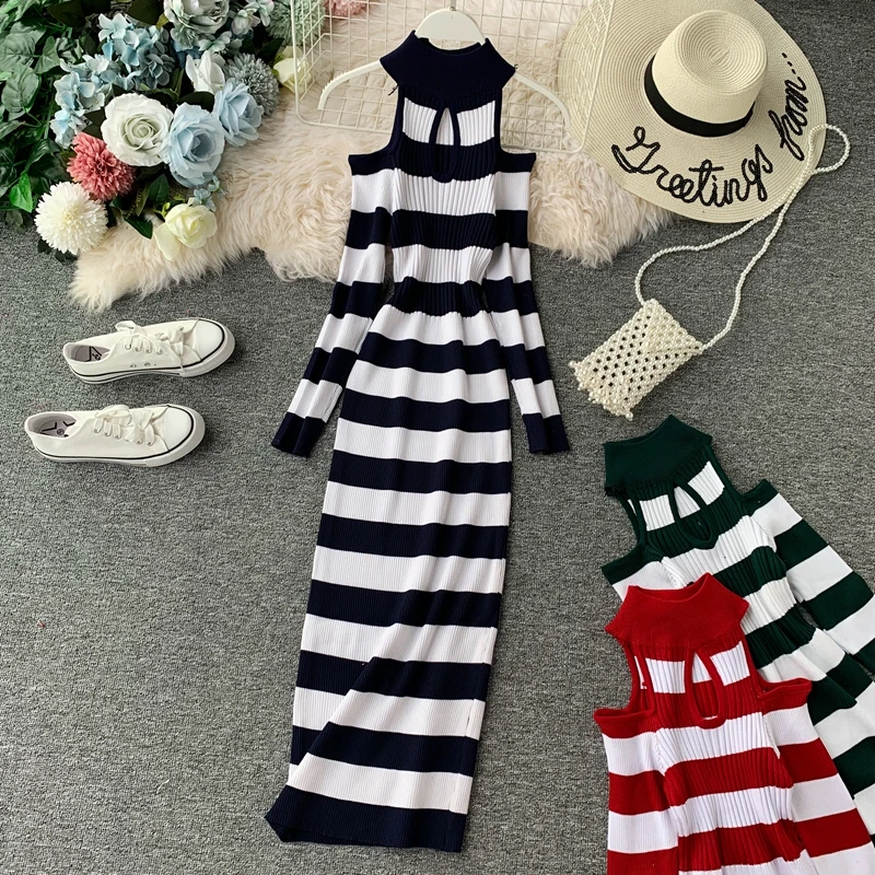 Женское трикотажное платье ALPHALMODA с открытыми плечами в полоску повседневное