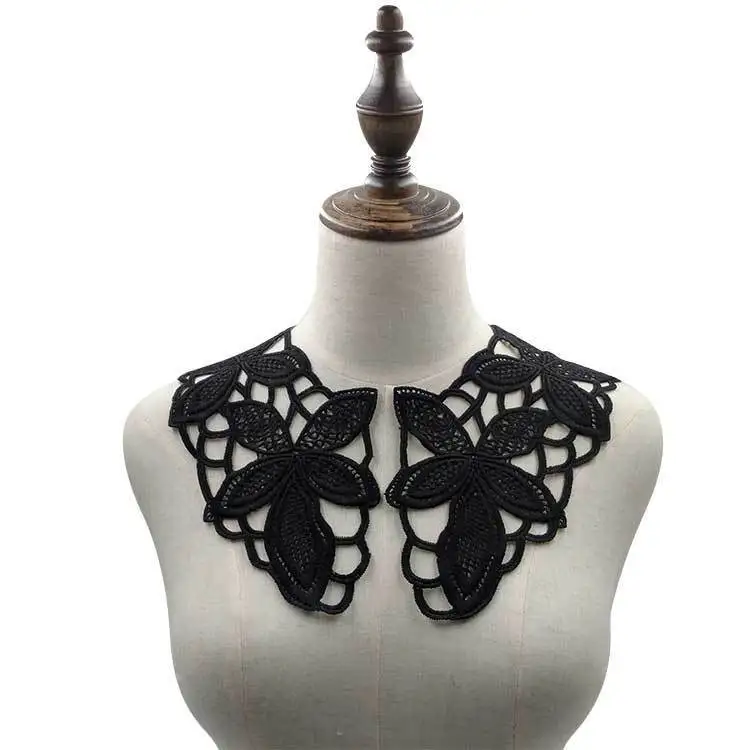 

2PCS Luxury White Black 3D Flowers Fabric Water Soluble Lace Collar Appliques On Cloth For Sewing Supplies Wedding Dress 2019