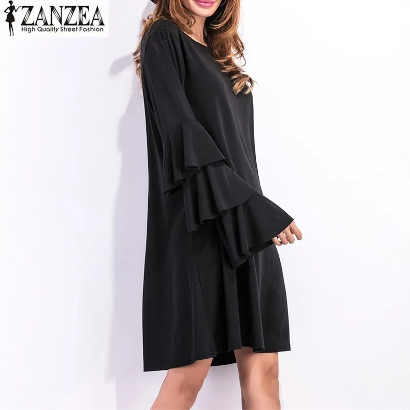 Elegant ZANZEA элегантные женские длинные расклешенные рукава мини платье