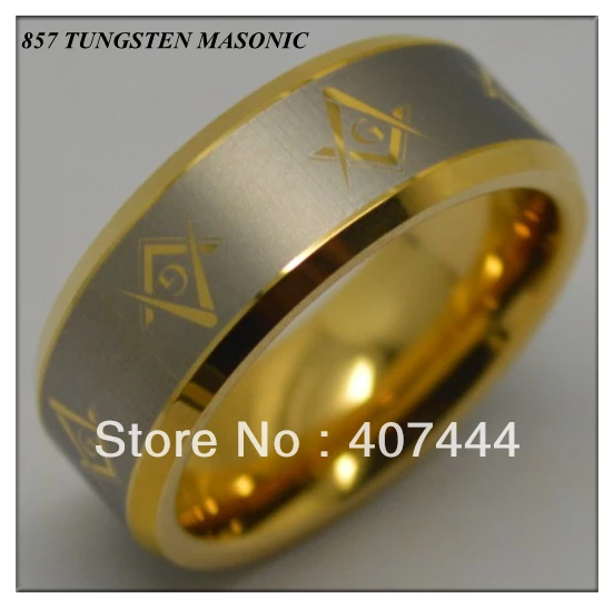 

YGK Fashion Tungsten Ring 8mm Width Gold Color Bevel Style with Masonic Master LOGO for Man and Woman Party