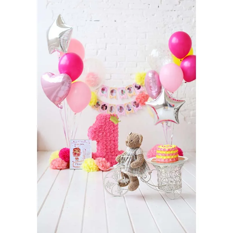 

5x7ft Happy 1st Birthday Balloons Bear Cart Party Washable No Wrinkle Banner Photo Studio Background Backdrop Polyester Fabric