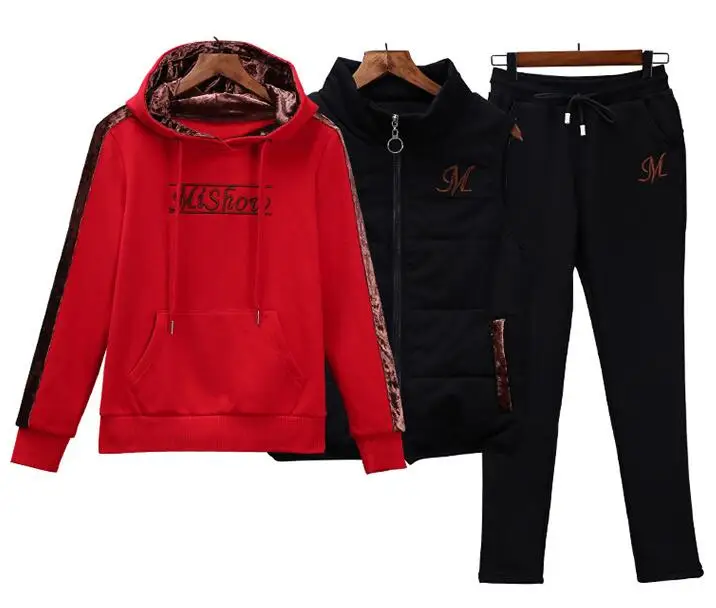

Rlyaeiz Tracksuit Women Sporting Suits 2018 Winter Embroidery Striped Hoodies + Pants + Vest 3 Piece Set Women Warm Sweat Suit