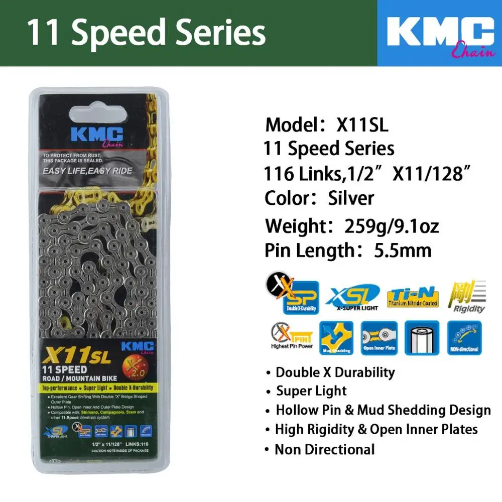 KMC X8 X9 X9sl X10 X10sl X11SL Z99 велосипедная цепь 9S 10S 11S золото для MTB/шоссейного велосипеда fo Shimano/SRAM 8 9 10 11 скорость 116л/цепной велосипед - Цвет: X11SL-Silver