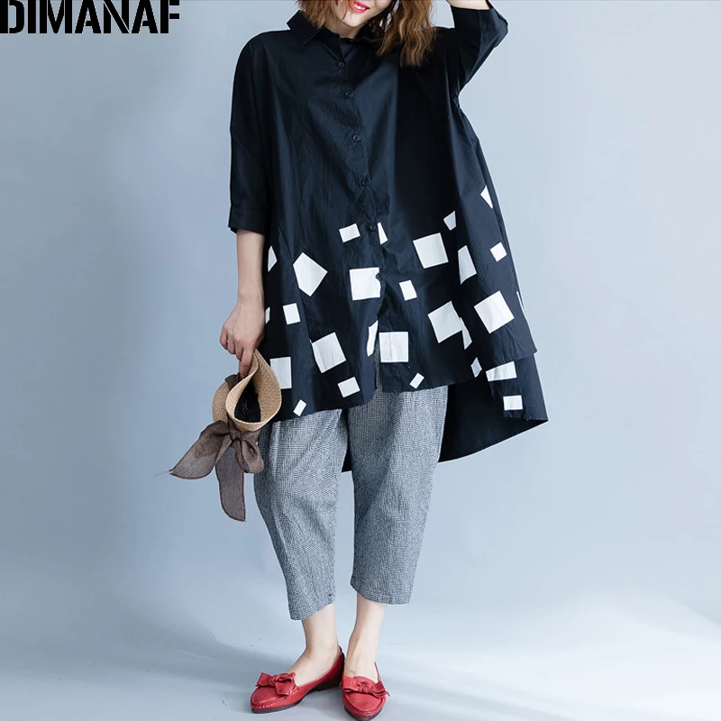 DIMANAF Women Blouse Shirts Long Sleeve Cotton Top Autumn Femme Lady Large Loose Clothing Print Spliced Pleated Plus Size Black