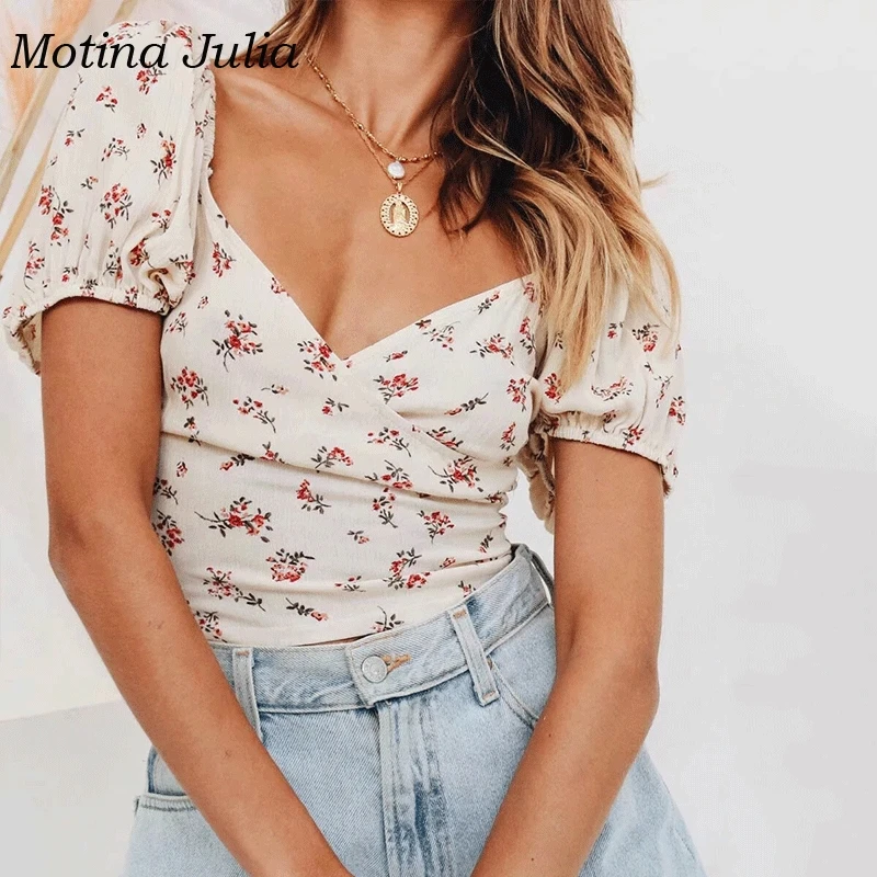 Motina Юлия 2019 лето назад на шнуровке принт женские блузки рубашки v шеи boho пляжные