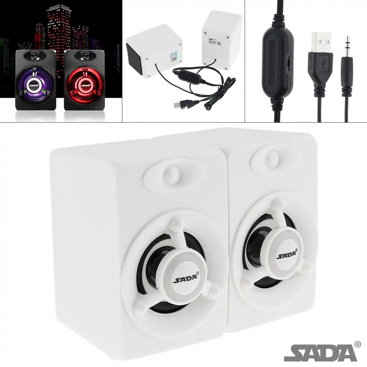 Сада V 118 Мини Белый Портативный USB2.0 сабвуфер Динамик с разноцветной лампы для