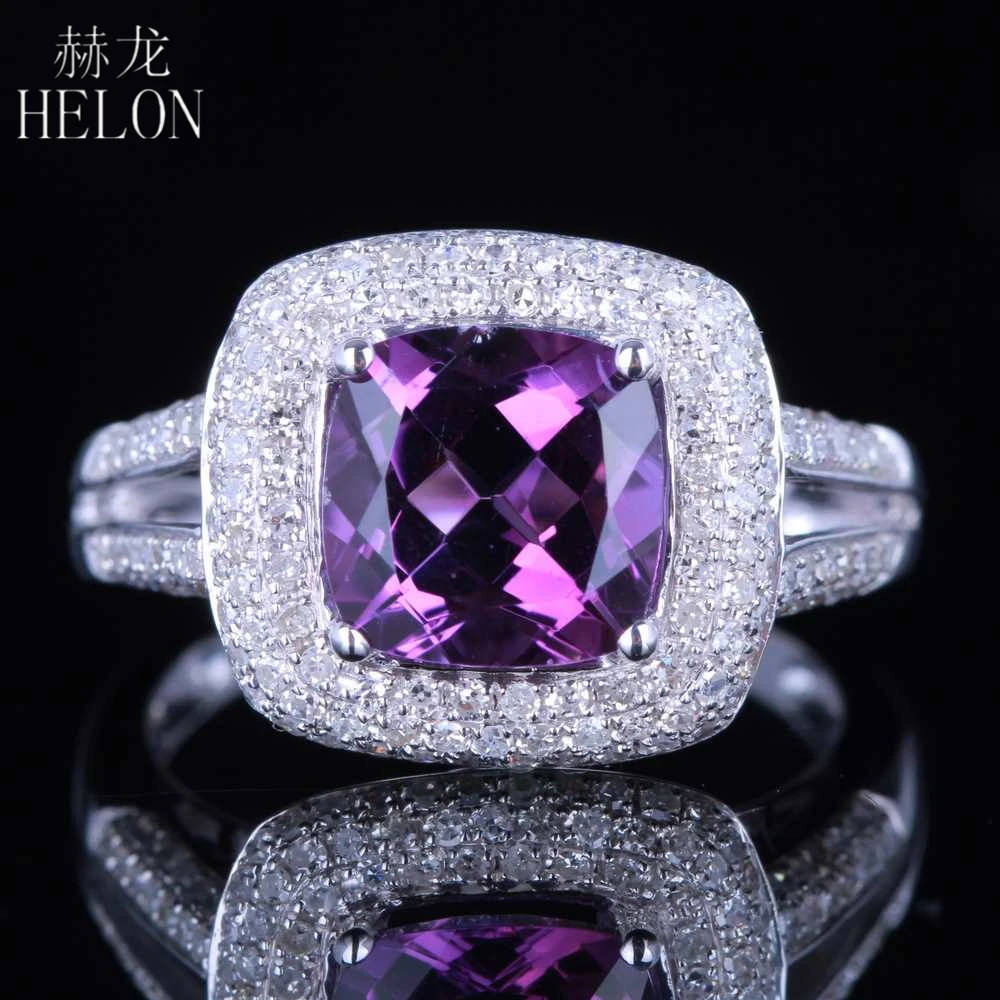 HELON 8x8 мм Подушка натуральный аметист 0.6ct натуральные Алмазы обручальные ювелирные изделия Твердые 14 к белые золотые вечерние ювелирные изделия кольцо