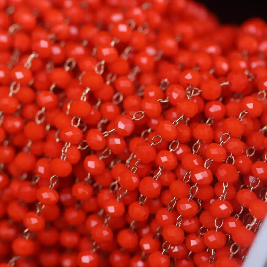 

Orange Red 2x3mm Glass Faceted Rondelle Rosary Chain,Tiny Glass Beaded Link Brass Wire Wrapped Chain,DIY Necklace Bracelets