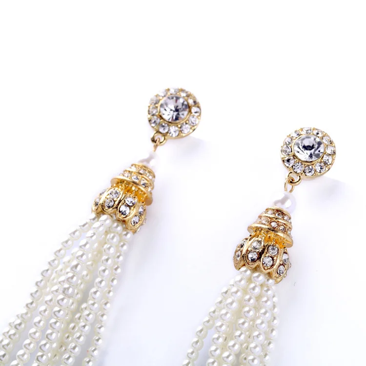Elegant Pearl Drop Earring Gold &amp Silver Color Diamante Tassel Beaded Wedding Long Fashion Women Jewelry | Украшения и