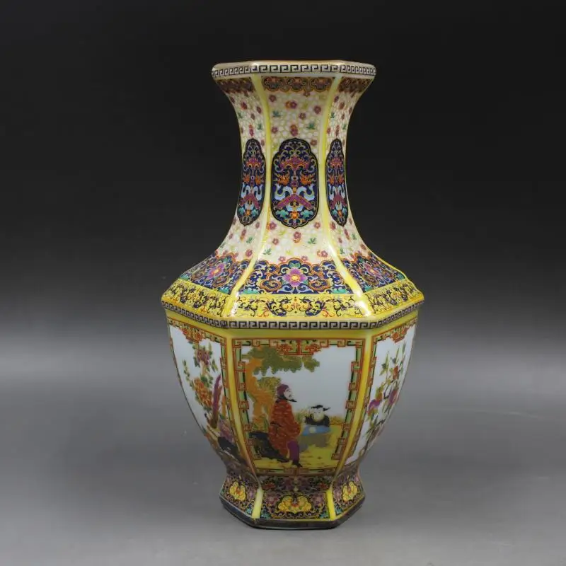 

Qing Yong Zheng year mark golden enamel hexagon vase characters story flowers birds fine ornaments porcelain antiques